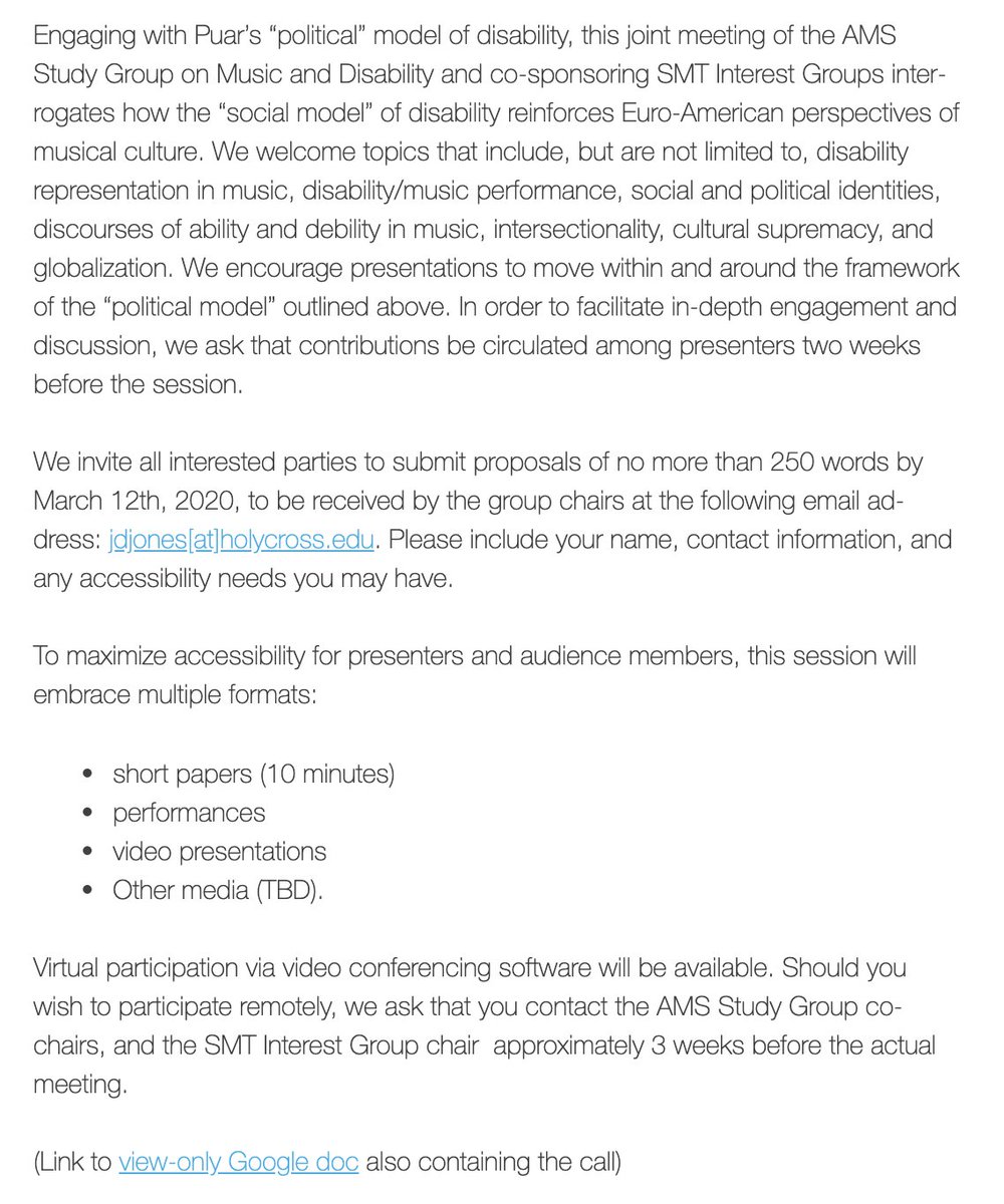 amssmtdismus's tweet photo. ATTN: All #AMS2020 (Minneapolis), the Music & Disability SMT/AMS Study Group has announced our conference call:
CFP: “Enfoldings and Divisions:” Musical Modulations and Debility
https://t.co/YYGDks8CIP
DEADLINE: MARCH 12, 2020
Photos of CFP attached. Please RT.
#dismus https://t.co/zd6kWMp03N