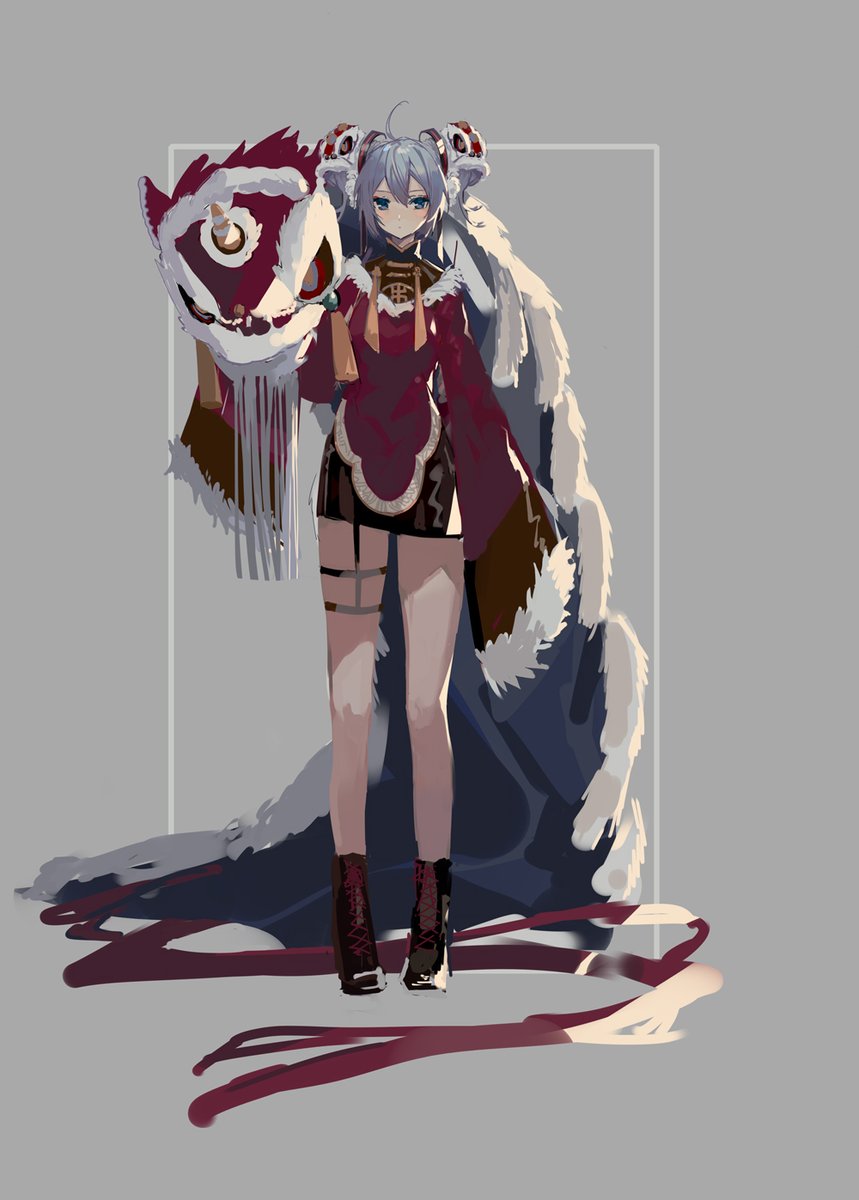 1girl solo thigh strap grey background grey hair ahoge skirt  illustration images