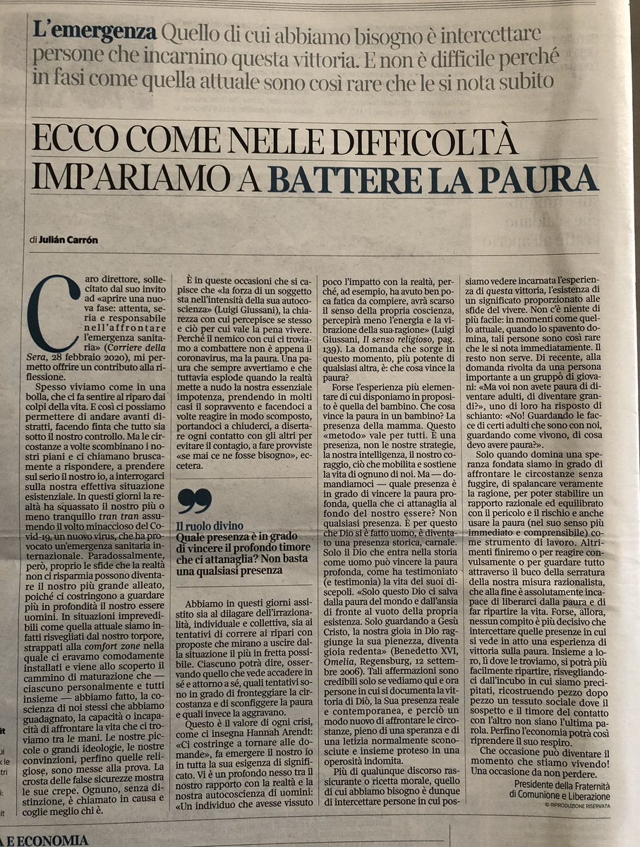 CLiberazione's tweet photo. «Quale presenza è in grado di vincere la paura profonda, quella che ci attanaglia al fondo del nostro essere? Non qualsiasi presenza. È per questo che Dio si è fatto uomo. Solo il Dio che entra nella storia come uomo può vincere la paura» Julián Carrón sul #Coronavid19 @Corriere https://t.co/wnIV7KshjQ