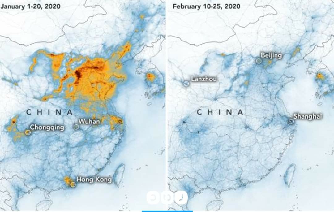 MuslimPause's tweet photo. #Coronavid19 #COVID19france 
On est la plus grande menace pour cette planète. Les images de la NASA montrent la baisse de la pollution atmosphérique sur la Chine à un degré plus bas suite aux restrictions de circulation et la baisse de l'activité industrielle. https://t.co/a0SCi5gLPj