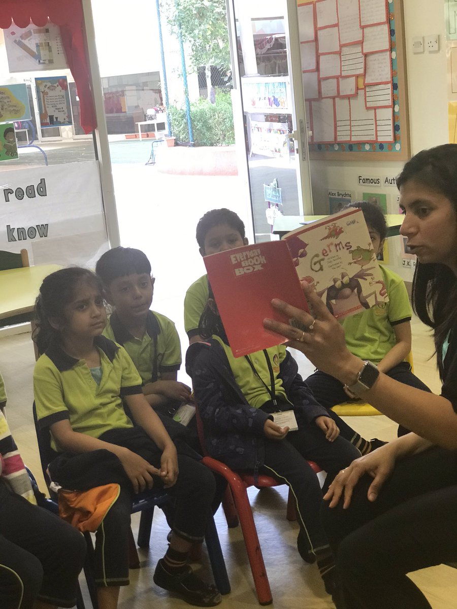 AmbassadorKGdxb's tweet photo. @KHDA @aishaalii3 Our story of the day- Germs! Reinforcing good hygiene through story telling in the library! 📚📚Yes....beware! They are everywhere!😱 #cleanhands #wash #scrub #keepclean #keepgermsaway @AmbassadorKGdxb @KHDA https://t.co/Qpf9VQkGA1
