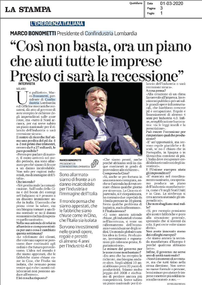 ConfindustriaL's tweet image. #Coronavirus | &apos;Tutto il Nord arranca, non solo zone rosse. Serve Piano nazionale per rilanciare industria o sarà recessione. Si è gestita male la comunicazione e adesso abbiamo danno immagine incalcolabile, con clienti che dubitano su continuità produttiva 🇮🇹&apos; @marco_bonometti