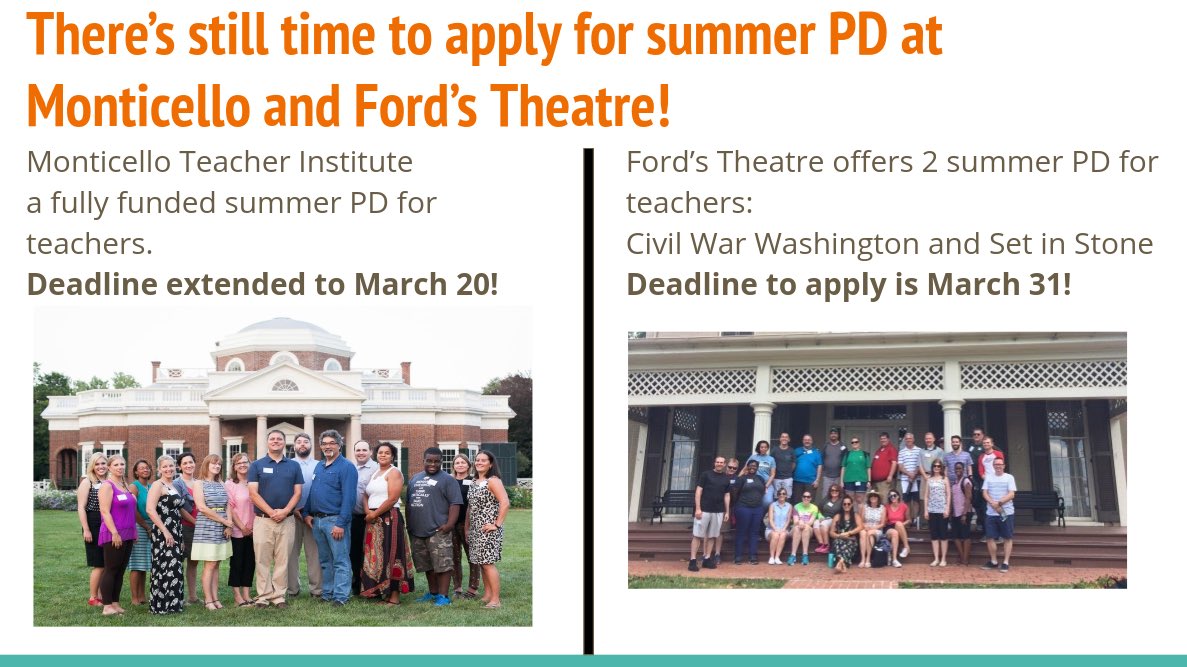 HistoryFrog's tweet photo. Bring the power of place-based historical learning to your classroom by visiting the room where it happened! Apply for Monticello &amp; Ford’s Theatre Summer PD! @TeachMonticello @FordsEdu #CCSS20 https://t.co/2V2qf6wWuN