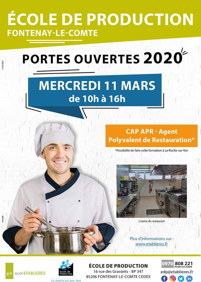 Etablieres's tweet photo. [L' @ecoleproduction de #fontenaylecomte vous ouvre ses portes le 📅11!]
👉Venez découvrir notre #formation 
🔹#CAP Agent Polyvalent de #restauration

Le 7 mars à La Roche
🔹CAP Jardinier Paysagiste
🔹CAP Agent polyvalent de restauration
🔹CAP Agent de maintenance des bât de coll https://t.co/wb0Wp8szBU