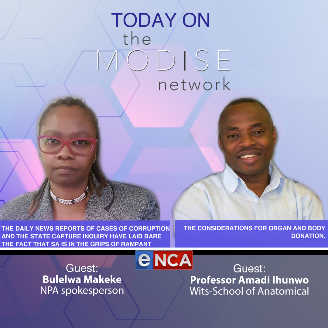 eNCA's tweet photo. Today at 14:30 #TheModiseNetwork @TimModise discusses with @BulelwaMak What’s holding the Hawks and the National Prosecuting Authority up on cases of corruption in SA? and @Glory_A_Ihunwo on the considerations for organ and body donation. Courtesy #DStv403 https://t.co/N4sJP9KKf0