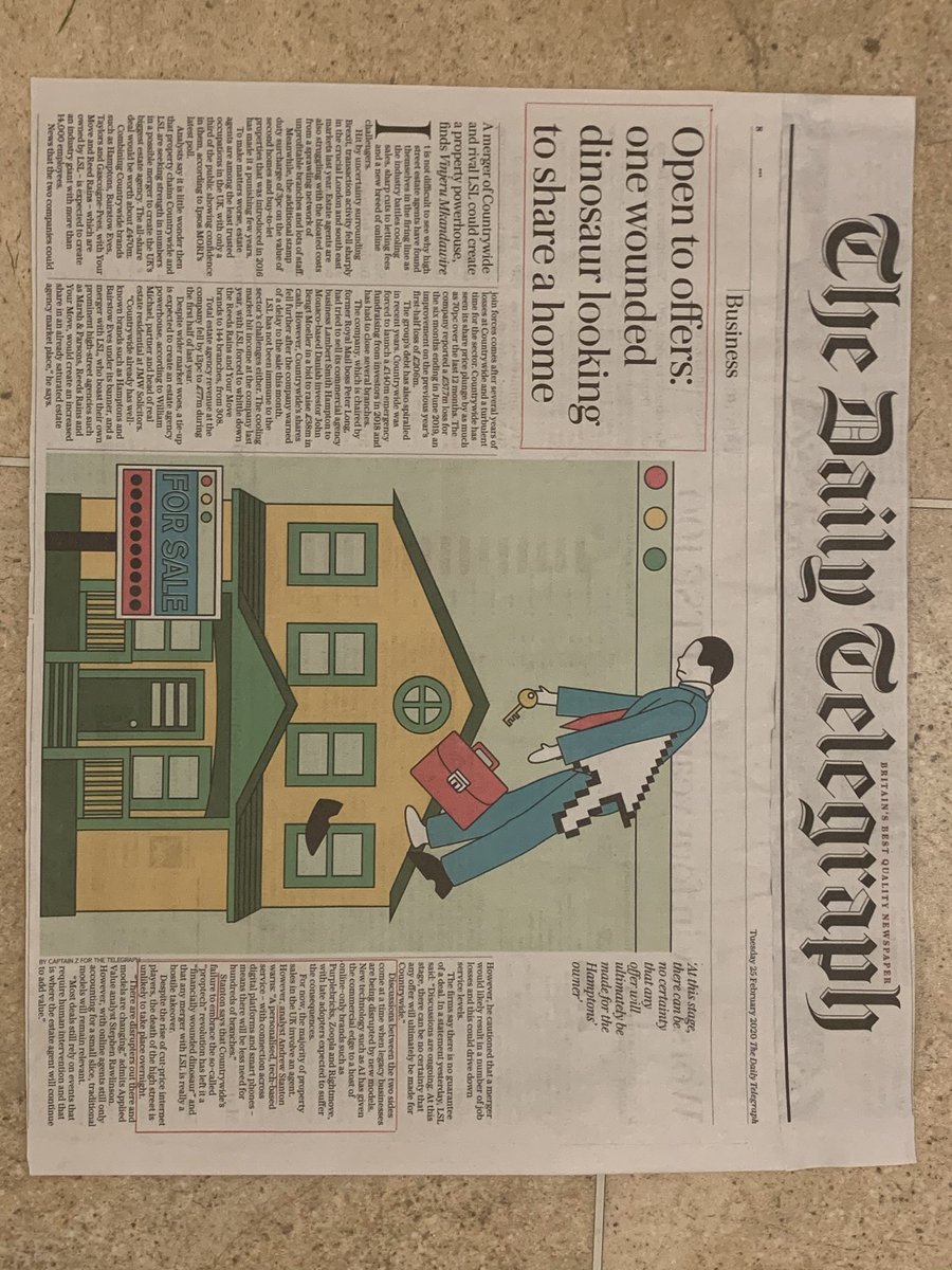 Proptech_PR's tweet photo. #woundeddinosaur #proptechPR #Andrewstanton Daily Telegraph -Andrew Stanton analyst comments that Countrywide Plc failure to adopt proptech has left it a “wounded dinosaur” and LSL merger is actually a hostile bid. Read full article. https://t.co/FqaJYrvAk4
