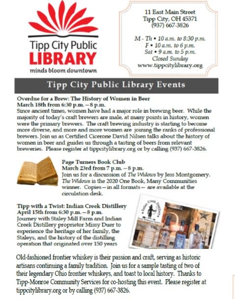 obmc2020's tweet photo. Tipp City Public Library invites you to attend one or all of the programs they have scheduled in conjunction with the 2020 #OneBookManyCommunities selection --The Widows by Jess Montgomery.

Call the library for more information.

#TheWidows #JessMontgomery #IndianCreekDistillery https://t.co/JkOYLT8DEX