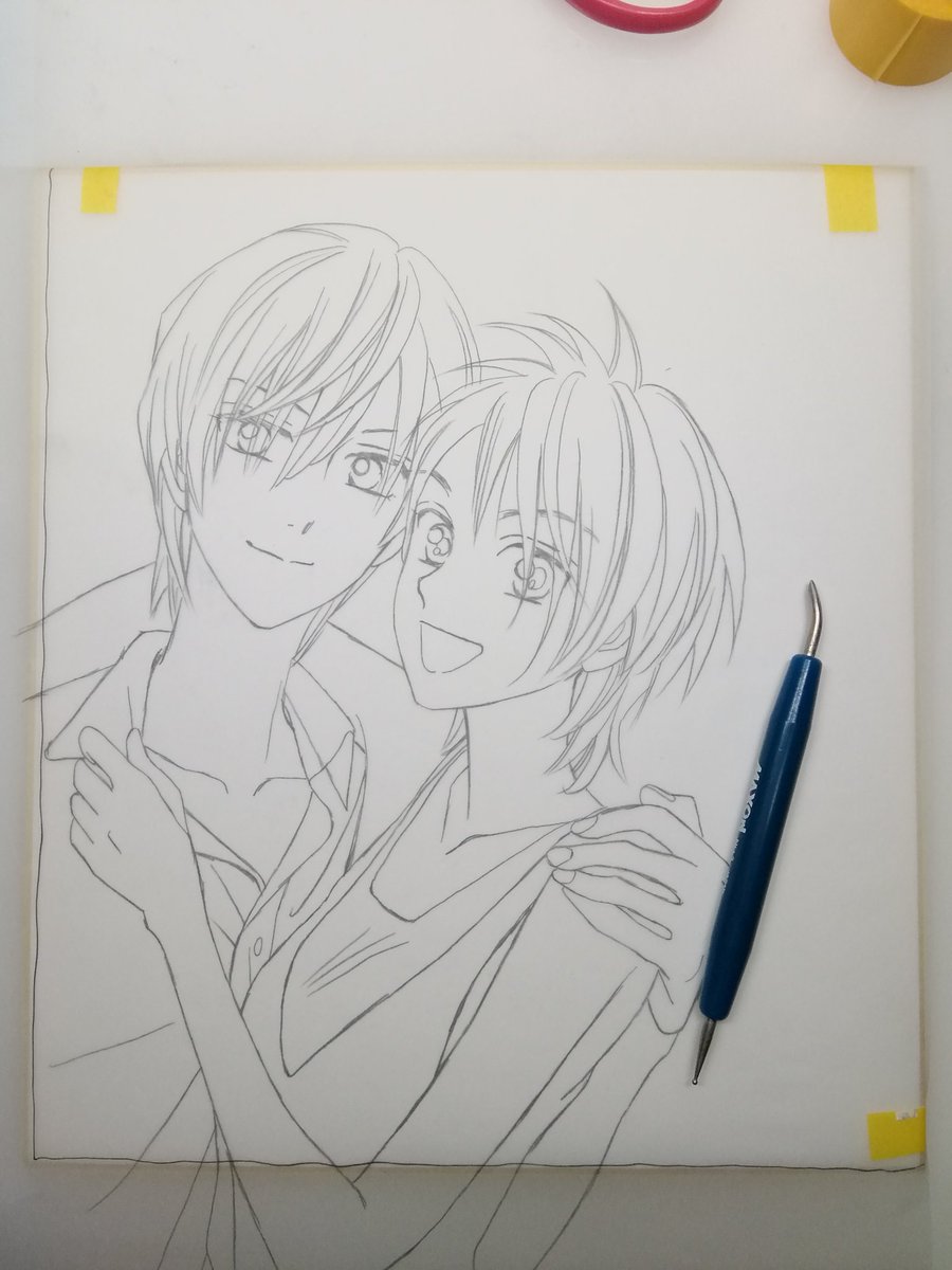?ざっくりメイキング?
昔は厚いイラストボードだったので、これとほぼ同じ手順でカラーを描いてました。鉛筆や消ゴムで紙を痛めたり黒ずみ等を回避出来ます。
①下絵を別紙に描いてトレペにトレース。
②鉛筆面を色紙に張り付けて
③トーンヘラで鉛筆線をごりごりなぞって下絵を転写。