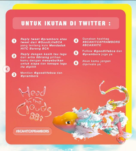 Prambors's tweet photo. #HitsOfTheDay nya #DGITM ada 3 lagu dari @88rising! Btw, ada hadiah TIKET VVIP HEADS IN THE CLOUDS utk lo! Liat flyer nya ya~
Ada lagu @richbrian ft #ChungGa #TheseNight
#Niki - #LalaLostYou
#Joji - #RUN
Tweet/ telfon ke 021 72800437! @goodlifebca
#BCAHITCxPRAMBORS #BCAXHITC https://t.co/hlcF3E1YAz