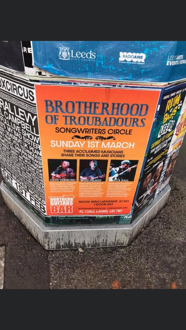nickbhall1's tweet photo. Tonight in #leeds @NorthernGuitars in hip #calllane itโs Brotherhood Of Troubadours #songwritercircle featuring @nickbhall1 of @plumhall Jon Palmer of @JPacousticB and Dave Vermond. Three blokes swapping songs and stories in this excellent venue https://t.co/hJ7BfNT512 pls RT https://t.co/6VwBOopweh