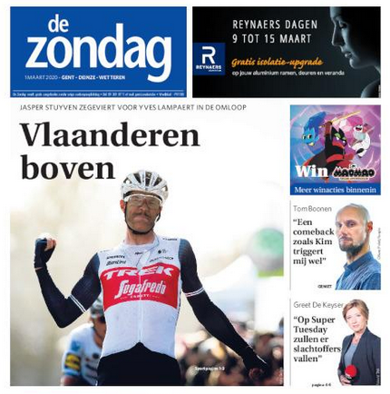 TVlierberghe's tweet photo. Als "Belg" hoop je toch steeds op zo'n beeld bij de opening van het "Vlaams" wielerseizoen, niet? PRACHTIG. En vandaag weer prijs voor de onzen? #KBK20  #OHN20 @DeZondag @Jasperstuyven @TrekSegafredo #koers #Omloop #OHN2020 https://t.co/ZZDTtiZreN