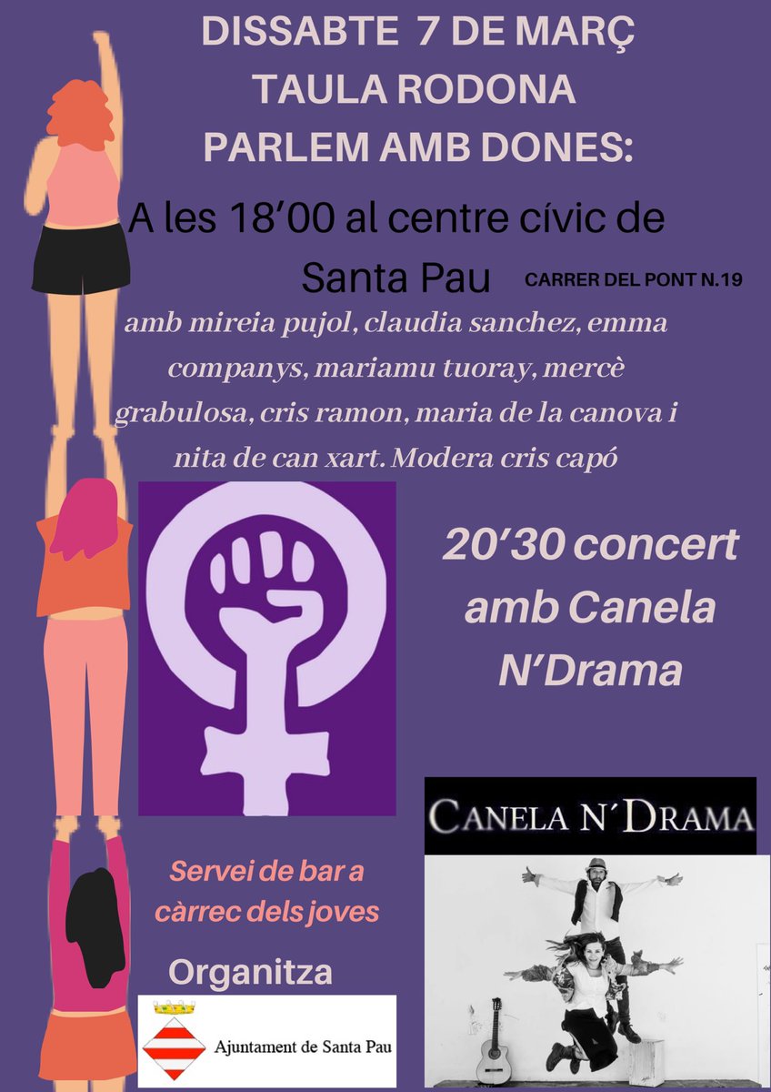 criscapo7's tweet photo. Dissabte que ve al centre cívic de #santapau parlem amb dones
Obert a tothom!!
Vine a dir la teva 
@ajsantapau 
@pepsantapau 
@JaumeBerga 
@narcis_feixas 
I després concert amb CANELA’n DRAMA
Servei de barra a càrrec dels joves https://t.co/pzs0LAu7rX