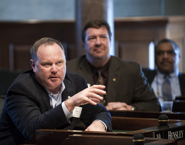 MarkACleveland's tweet photo. Doesn't this action shot of @TruittJeff look like a senator questioning someone - so serious? We got your back! Great leaders come from @LeadMT #LeadMT https://t.co/667hffjP8y