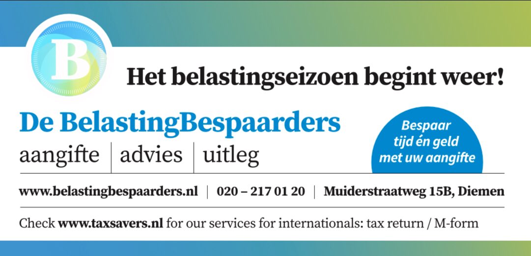 Het belastingseizoen is vandaag weer begonnen! Je kunt aangifte doen tot 1 mei en als je voor 1 april aangifte doet, krijg je gegarandeerd voor 1 juli antwoord van de Belastingdienst.

Wil je professionele hulp dan staan we voor je klaar!