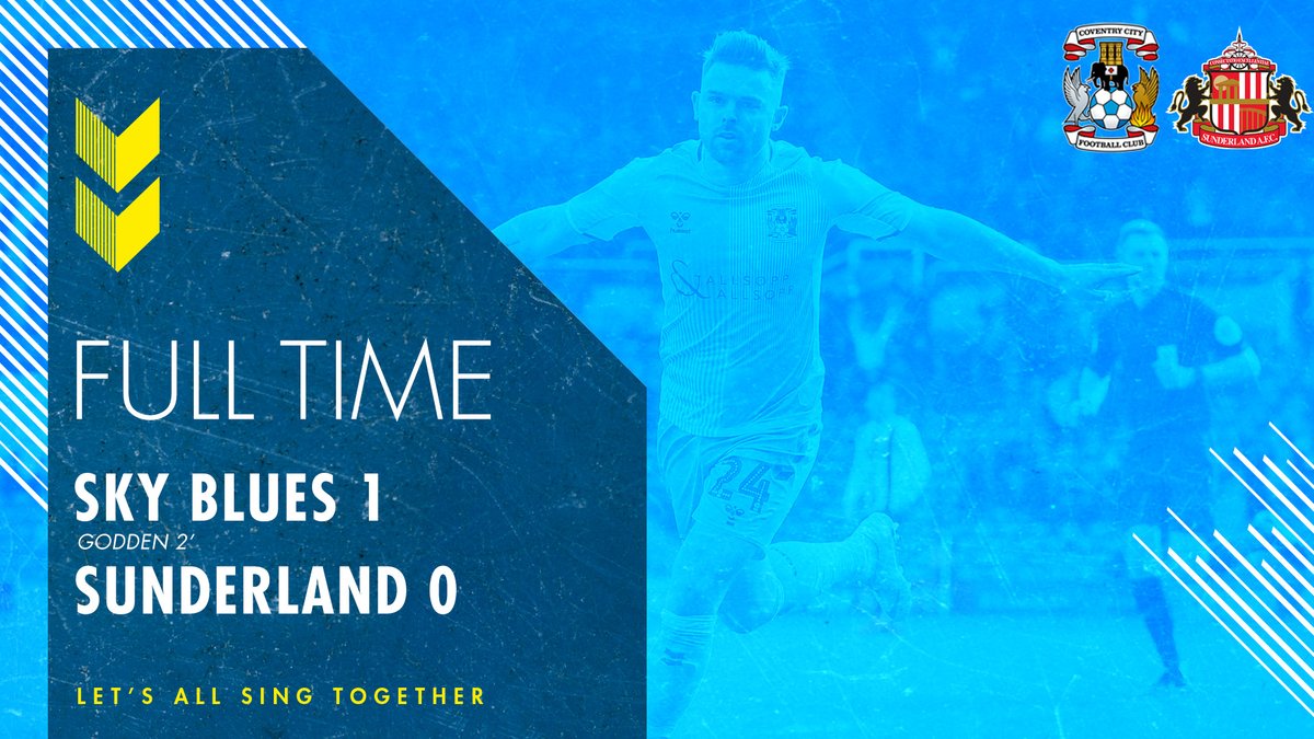 Coventry_City's tweet photo. FULL-TIME: SKY BLUES 1-0 SUNDERLAND!

Matty Godden's goal inside the first two minutes earns City all three points against Sunderland!

[1-0] #PUSB https://t.co/6rTCiGXttu