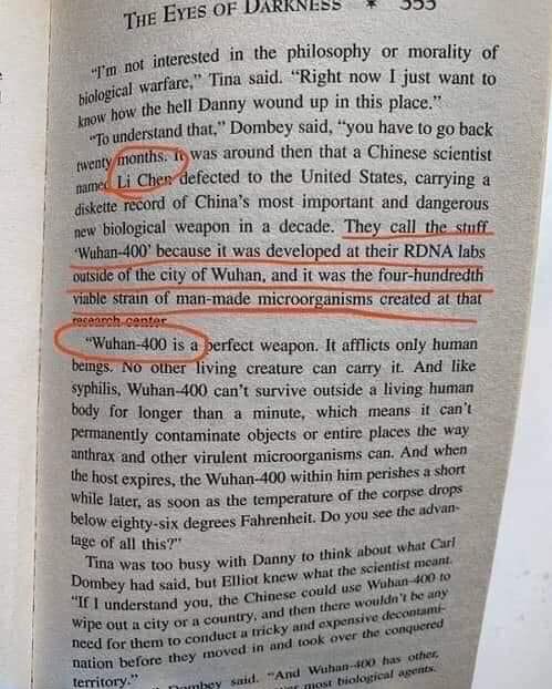 Gun_nation18's tweet image. #โคโรนาไวรัส  มีหนังสือที่ชื่อ the eyes of darkness เขียนเมื่อ 1981 / 40ปีที่แล้ว เกี่ยวกับ wuhan-400  ที่น่าตกใจคือมีชื่อ ฮู่ฮั่นไวรัส อาวุธชีวภาพที่คิดมาเพื่อทำลายปอด เฉพาะมนุษย์  เชิญเสพได้...  (1) มีต่อ