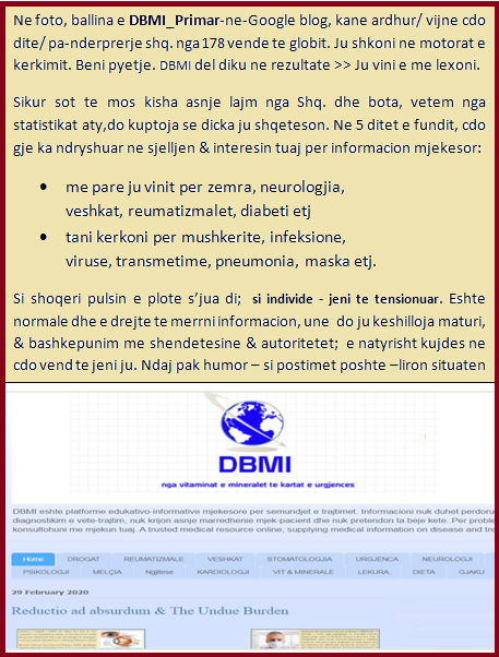 DrBesi_Med_Info's tweet photo. Individualisht #shqetesimi per #KORONAVIRUSIN eshte rritur shume. Duke pare sjelljen tuaj te #DBMI_PRIMAR, ne mengjes kam keshilluar: maturi &amp; kujdes. Lexo karten]

Sa lexova, qe en masse do beni #Manifestim me #2_Mars !! Kjo s'me duket ide e mire. Ne fakt, eshte tej nje #lunacie https://t.co/mXI34n6DDG