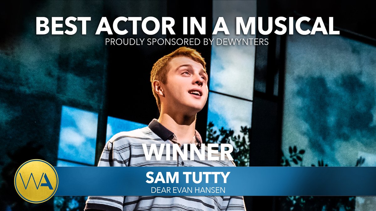 WhatsOnStage's tweet photo. The WhatsOnStage Award for Best Actor in a Musical goes to Sam Tutty for Dear Evan Hansen #WOSAwards https://t.co/1AEtWfHAfY