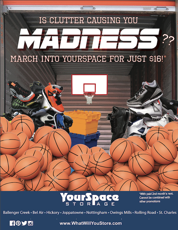 YourSpaceMD's tweet photo. Don't let clutter fuel your #marchmadness. Come to YourSpace and select any size unit for just $16 first month's rent! #WhatWillYouStore #Sweet16 https://t.co/80eWl3qr7N