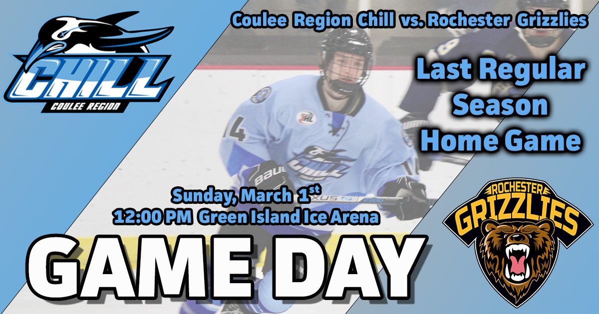 GAME DAY!! 

The Chill are back on home ice today as they host the Rochester Grizzlies! Don't miss the Chill's last regular season home game! Puck drops at 12 o'clock noon! 

Get your tickets now at: crchill.com. Can't be there? Listen live at: couleeregionsportsnetwork.com
