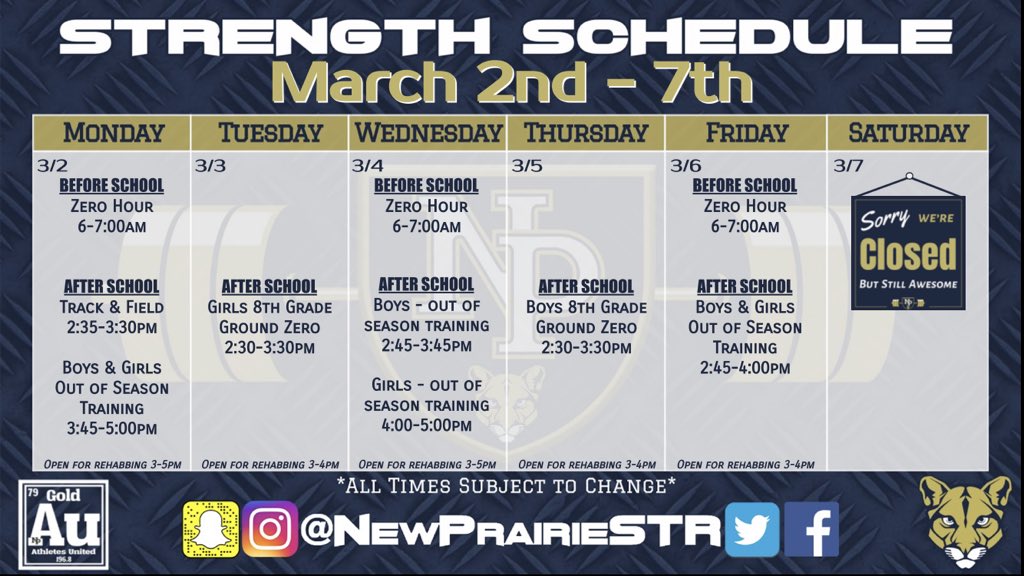 𝙎𝙩𝙧𝙚𝙣𝙜𝙩𝙝 𝙎𝙘𝙝𝙚𝙙𝙪𝙡𝙚: 
March 2nd-7th
Mondays are the same as last week due to the NPHS Track &amp; Field Teams being in the weight room right after school.
Zero Hour is open to any non-class athletes to attend.

Updates &amp; Schedules found here - linktr.ee/newprairiestr