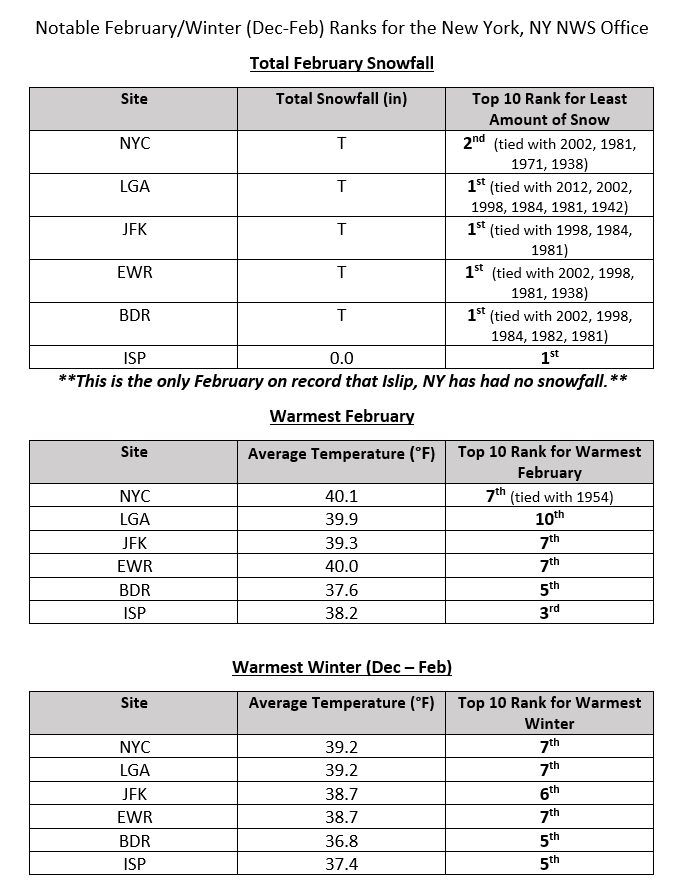 NWSNewYorkNY's tweet photo. Happy first day of #MeteorologicalSpring ! Looking back at this past winter season (Dec - Feb), all of our climate sites had a top 10 warmest February and a top 10 warmest winter! Feb 2020 was also one of the least snowiest as Islip had the first snowless Feb on record! #OKXwx https://t.co/fInyqU7Lws