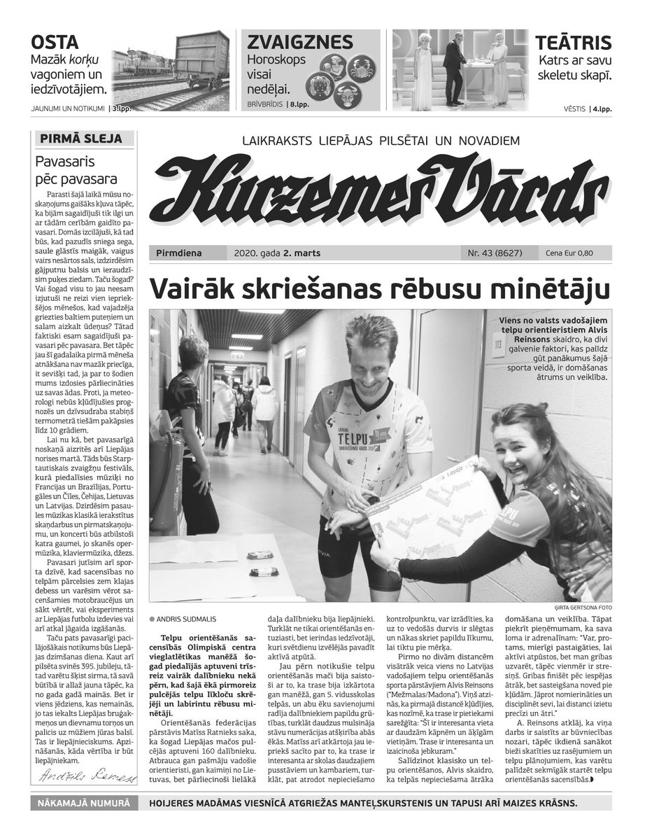 KurzemesVards's tweet photo. "Kurzemes Vārda" titullapa pirmdien, 2. martā:
- Sportiskajam rēbusam vairāk risinātāju;
- Sola mazāk korķu vagoniem un iedzīvotājiem;
- Liepājas teātris pirmizrāde iestudējumam "Pilnīgi svešinieki". Katram savs skelets skapī. https://t.co/GRp7BRjBJu
