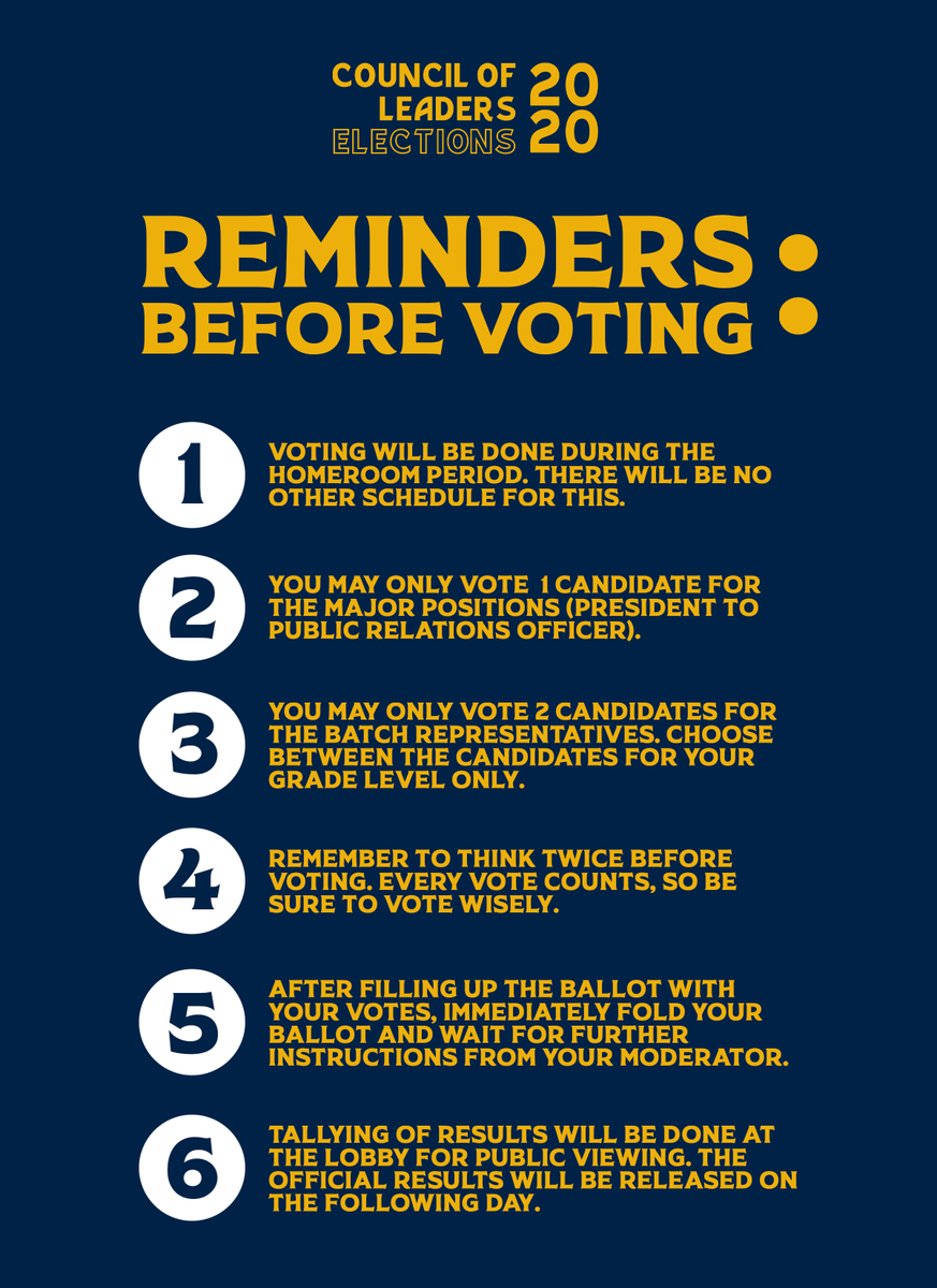 JHScol's tweet photo. Falcons! Tomorrow is the big day! Be reminded of the following things for tomorrow's election.
#COLElection2020
#COLElectionDay2020 https://t.co/b4OD4QuEkx