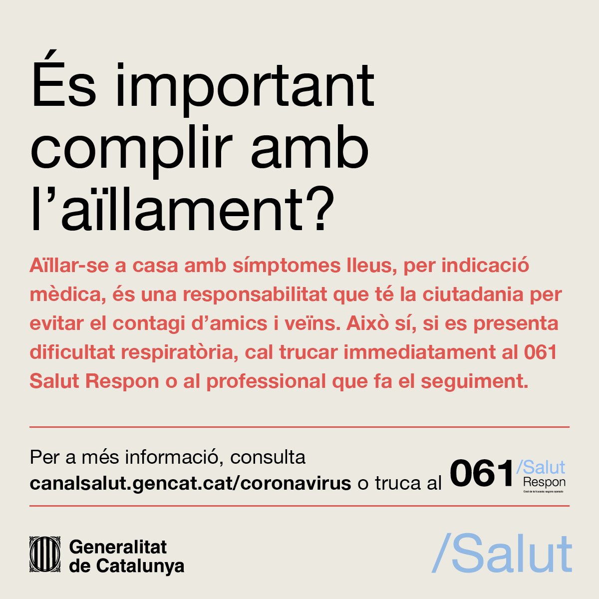 Aïllar-se a casa 🏠 amb símptomes lleus de #coronavirus SARS-COV-2, per indicació mèdica, és una responsabilitat que té la ciutadania per evitar el contagi d'amics i veïns

🔹 Què passa si m'han indicat aïllament al meu domicili❓
🔹 Què he de fer mentre duri l'aïllament❓