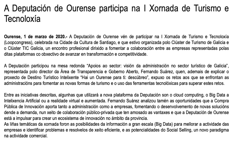 DeputacionOU's tweet photo. A @DeputacionOU participa na I Xornada de Turismo e Tecnoloxía (#Loopcongress), celebrada na @CidadedaCultura de Santiago con @fsuarezl, quen explicou o proxecto de Destino Turístico Intelixente “Hai un Ourense para ti: descúbreo” https://t.co/CmBf3dIblS