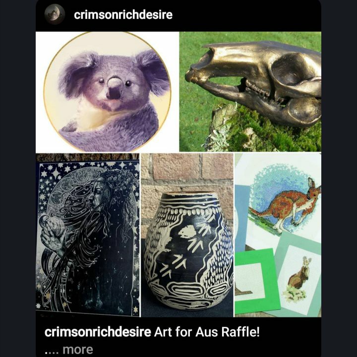 chickswithpics's tweet photo. My gorgeous artist friend teamed up with some generous artists for a prize raffle ArtForAus. £3 to help rehome animals who lost homes/habitats in the fires. Bonus: you could win yourself some truly unique art.
Open internationally https://t.co/0HUFCdkKDc
#ArtForAus #JustGiving https://t.co/Vs4LTgWSUp
