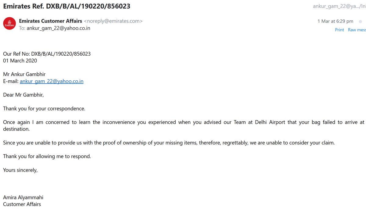 emirates missing baggage