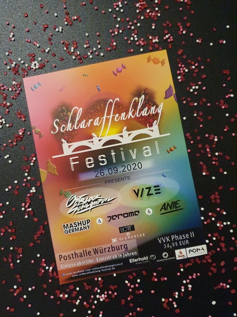 Nicht vergessen:
Nur noch heute bis 23:59 Uhr gibt's Tickets für's Schlaraffenklang Festival noch für 34,99 Euro!
Für 17 Stunden Party unschlagbar 😜

Bisher bekannt gegebene Künstler:
Ostblockschlmpen / Eastblock Btches, VIZE Music, Jerome (DJ - Artist), Mashup-Germany, ANIE