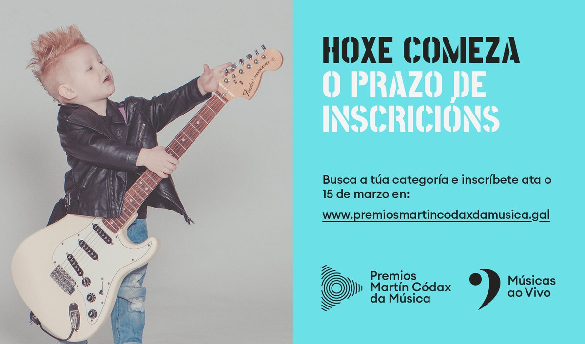 prmartincodax's tweet photo. 📣 HOXE ABRE O PRAZO DE INSCRICIÓNS!
Ata o 15 de marzo podedes inscribir o voso proxecto en  https://t.co/jo5Q4WGjaO
👉 Dúbidas? escribídenos a comunicacion@premiosmartincodaxdamusica.com ou ás nosas redes sociais.
💙 Que ganas de coñecer os proxectos dos #PremiosDaMúsica20 https://t.co/FGIeYre2oh
