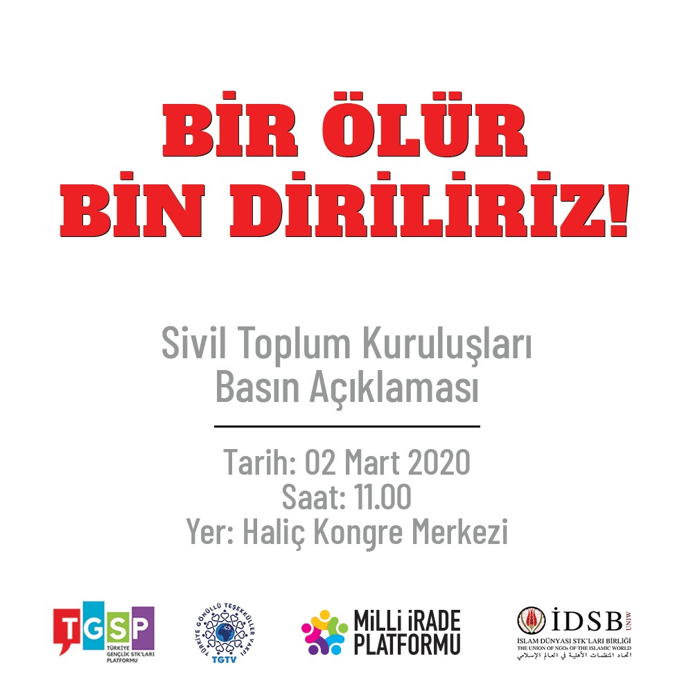 Bir Ölür Bin Diriliriz!
Milli Mücahademize cephe gerisinden darbe vurmaya çalışan beşinci kol faaliyetlerine dur diyoruz! Sivil Toplum Kuruluşları Basın Açıklamasına Uluslararası Vizyon Gençlik Derneği ve Eğitim Platformu olarak güçlü bir katılım sağlayacağız İnşaAllah.
