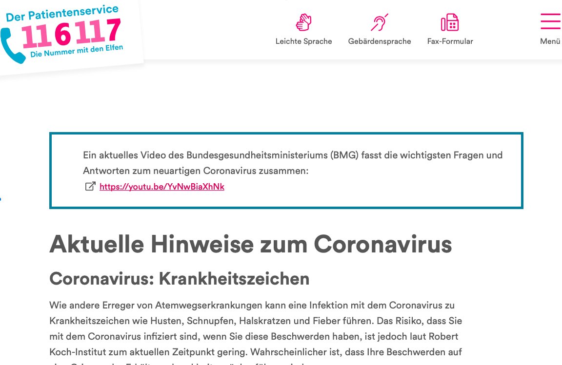 Wer die 116117 anruft, kann auf Wunsch eine stets aktuelle Bandansage mit wichtigen Informationen zum #CoronaVirusDE #COVIDー19 hören. Wer lieber liest, findet diese Informationen auch auf unserer Website www116117.de.