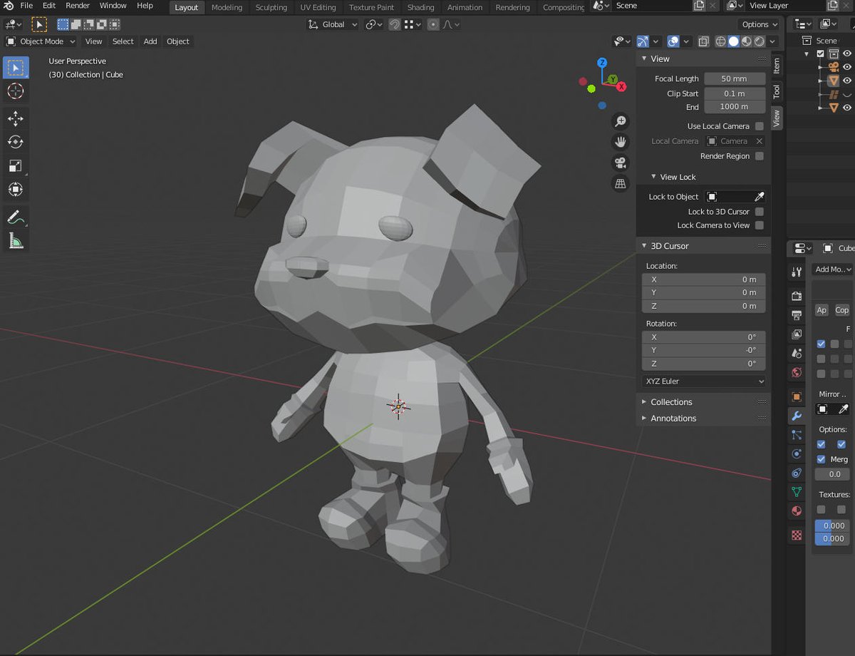 sasa_cafe_'s tweet image. イヌ完成。色々躓いて5時間くらい掛かった。
ミラーモディファイアの後にラティ使うとどうも崩れる…

#blender2.8
