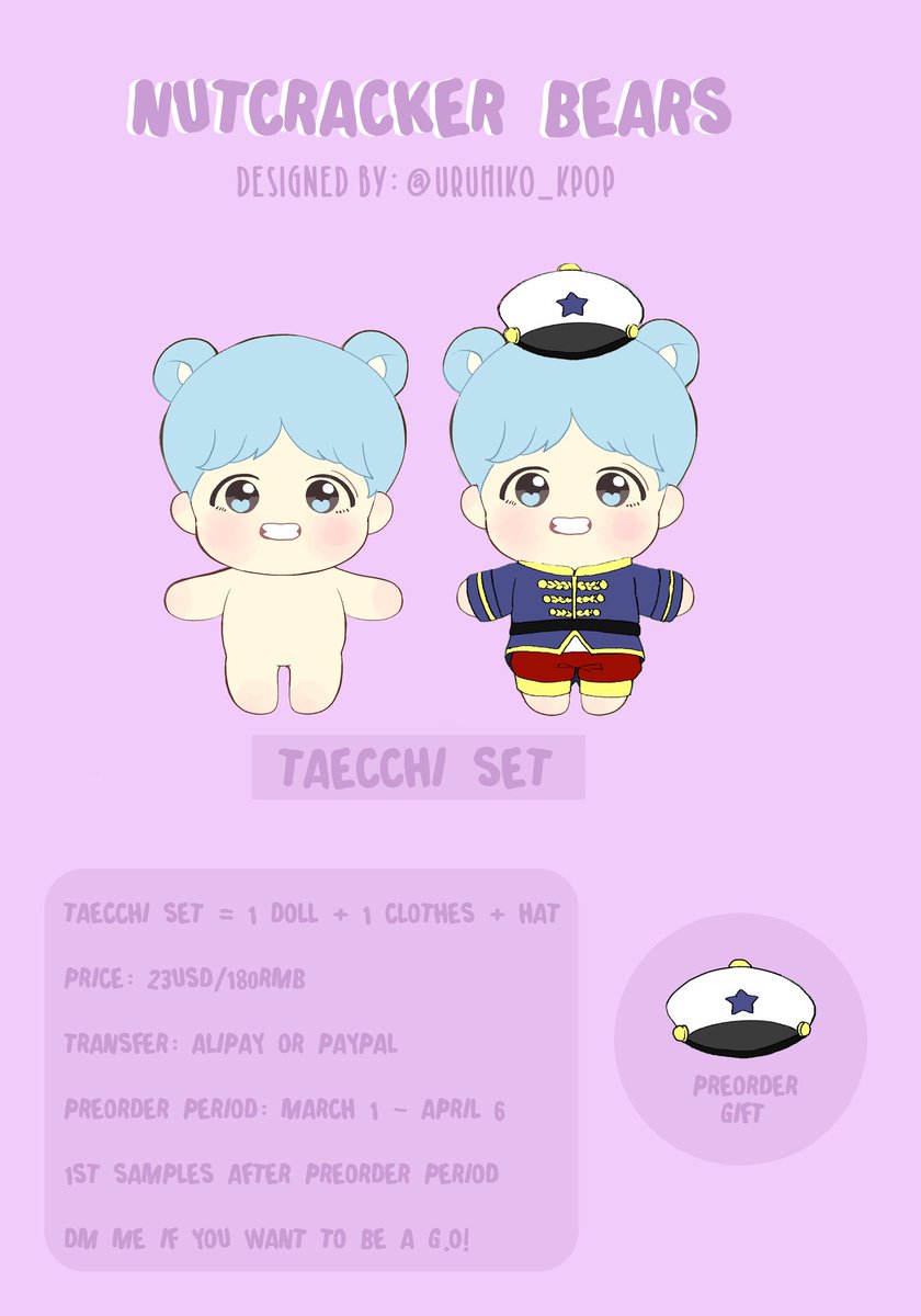 dearhoneybears's tweet photo. [💂‍♂️🐻] Hello! We're Nutcracker Bears~ Please give us lots of love!💜 

🐻 1 Doll Set = 23USD/180RMB
🐻 Preorder Period: March 1 - April 6

🐻 First Sample finish by April 💜

🐻 Order Form: https://t.co/WJXdZR84A7

🐻 G.O Managers please dm me 💜

🐻 Designed by: @uruhiko_kpop 💜 https://t.co/5ahX9bohEA