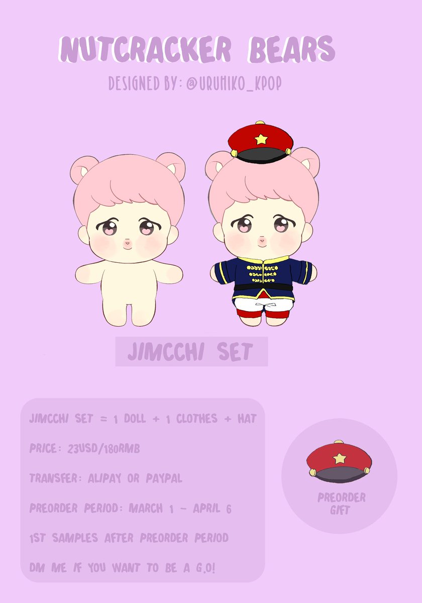 dearhoneybears's tweet photo. [💂‍♂️🐻] Hello! We're Nutcracker Bears~ Please give us lots of love!💜 

🐻 1 Doll Set = 23USD/180RMB
🐻 Preorder Period: March 1 - April 6

🐻 First Sample finish by April 💜

🐻 Order Form: https://t.co/WJXdZR84A7

🐻 G.O Managers please dm me 💜

🐻 Designed by: @uruhiko_kpop 💜 https://t.co/5ahX9bohEA