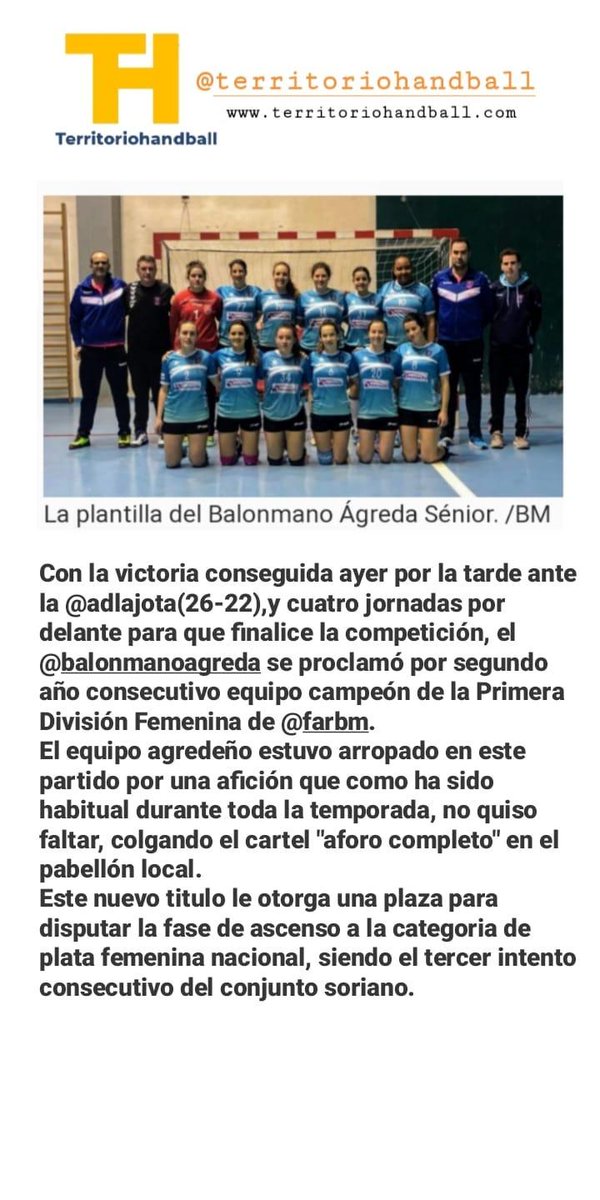 territoriohand2's tweet photo. @balonmanoagreda se proclama por segundo año consecutivo equipo campeón de la Primera División Femenina de @FARBM_COM . https://t.co/mHDjZkelOY