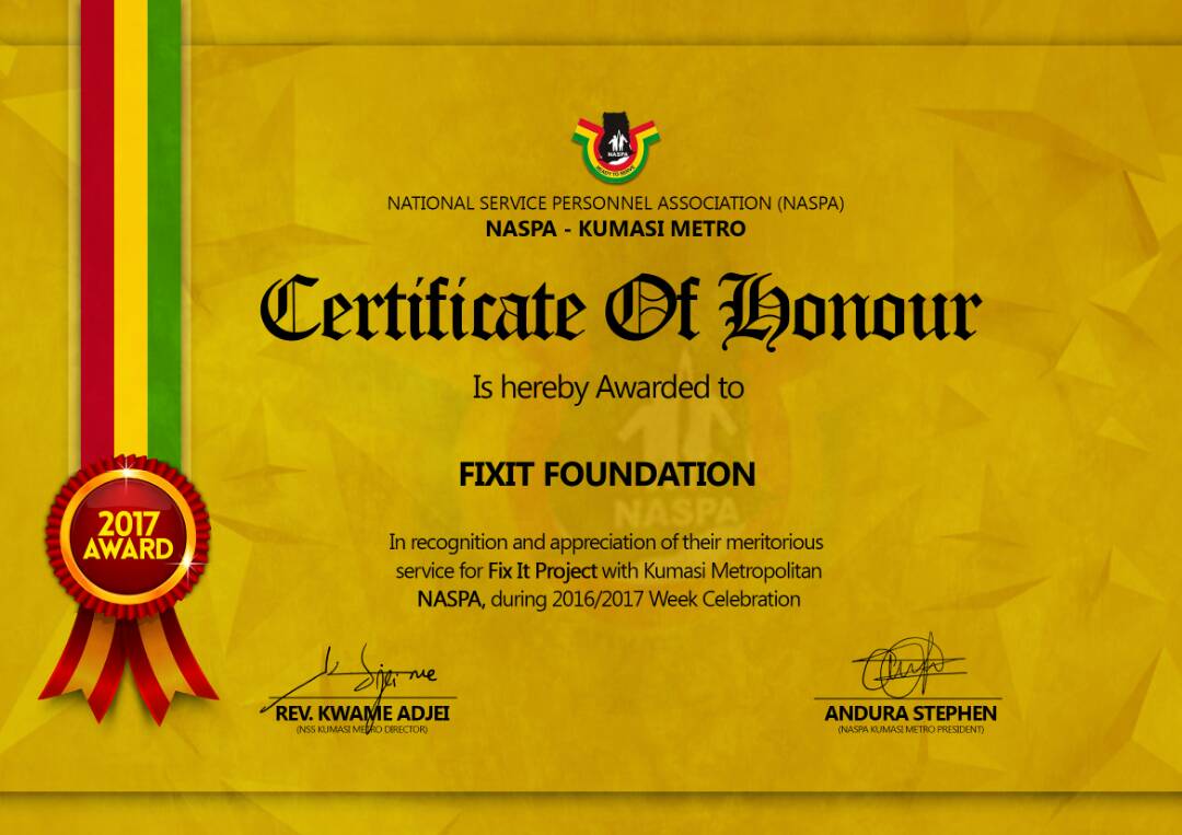 theOBman's tweet photo. In 2016/17, FIXIT FOUNDATION was honored by NASPA KMA on a successful partnership. Embarking on FIXIT CAMPAING for some selected government schools in Kumasi Metro. We are not stopping there. #FiXiT2020 loading................#fixit #development #education #maintenance #advocacy https://t.co/lz2mBEmiyh