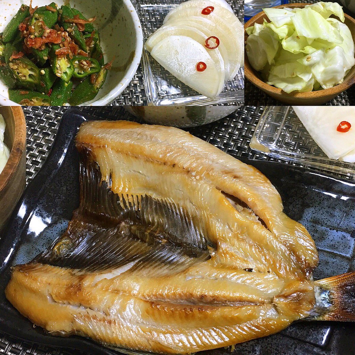 いなばまこと 今日の 晩酌 ニシンの一夜干し 塩キャベツ オクラと小エビの胡麻和え 大根の甘酢漬け 生ニシンを塩水に漬けて 一夜干しした いい熟成具合で お酒に合うわ 一夜干し ニシン 干物 うちごはん おうちごはん 越冬キャベツ いなばまこと 今日の 晩酌 ニシンの一夜干し 塩キャベツ オクラと小エビの胡麻和え 大根の甘酢漬け 生ニシンを塩水に漬けて 一夜干しした いい熟成具合で お酒に合うわ 一夜干し ニシン 干物 うちごはん おうちごはん 越冬キャベツ