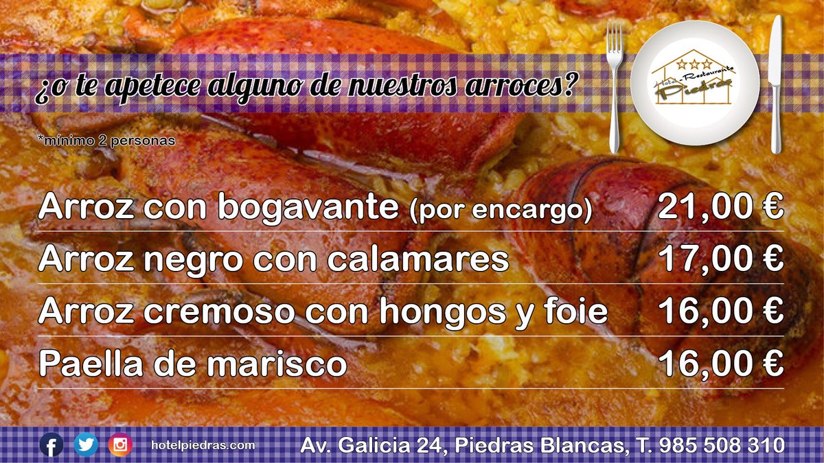 Menú 👩‍🍳 domingo 1/3/2020 ▶️ 20,00€
PRIMERO A ELEGIR
Arroz caldoso c/marisco
Ensalada de quesos asturianos
Tabla de embutidos ibéricos
SEGUNDO A ELEGIR
Pitu de caleya guisao
Corvina a la espalda
INCLUYE
Postre casero pan bodega
🚗 goo.gl/maps/TTFf94Ga4…
#menupiedras
#menuaviles
