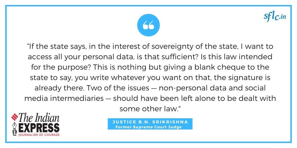 SFLCin's tweet photo. At the #paneldiscussion held on Feb 27 on #PersonalDataProtectionBill2019, panelists including Justice #BNSrikrishna concluded that the #government is practically exempted from the purview of the Bill, which is a threat to the fundamental #righttoprivacy. https://t.co/nsLhkGExOX https://t.co/bX9VXQim4i