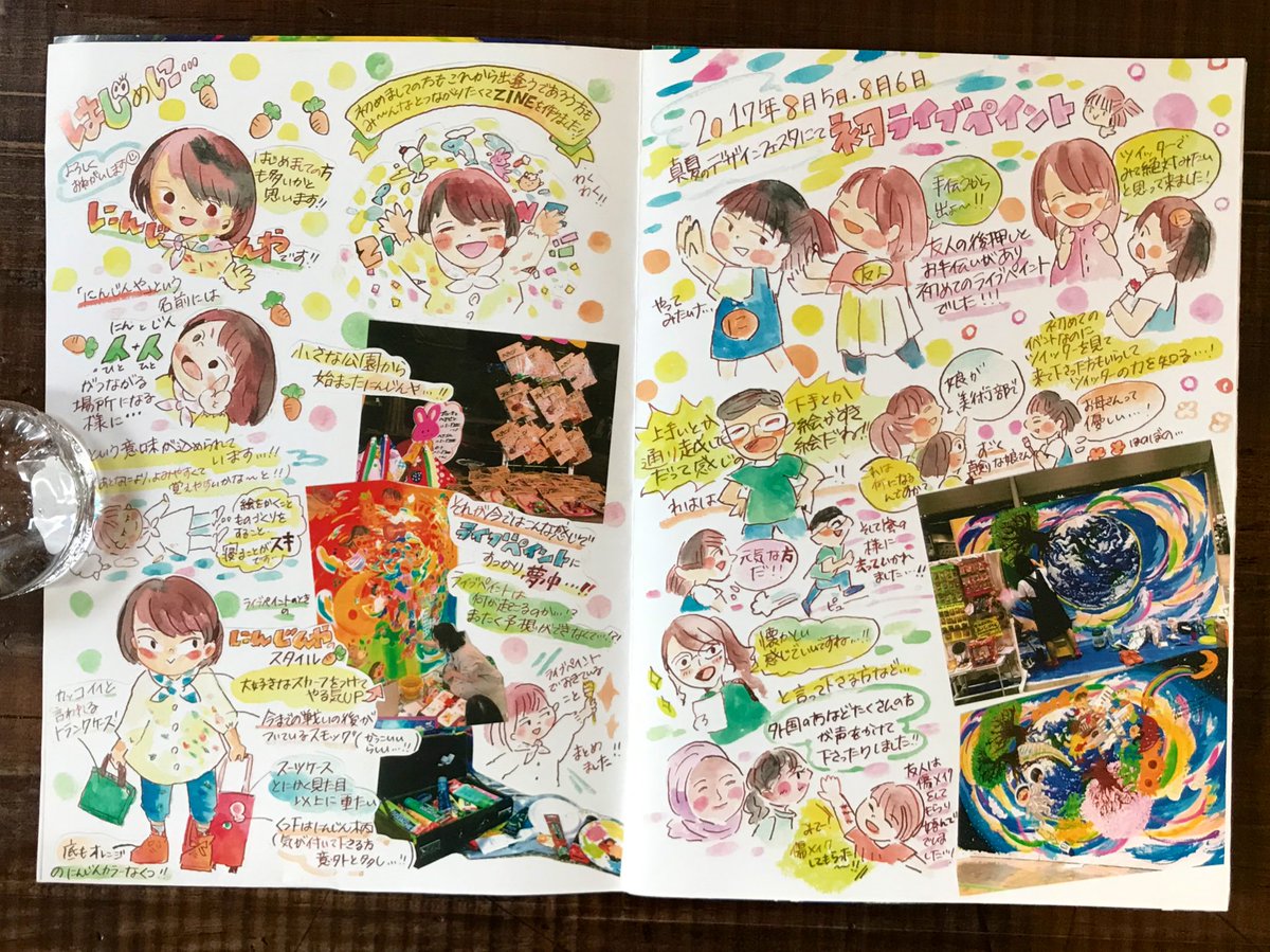 Mount Zine Zine紹介 作者 にんじんや タイトル 描け 今 ライブペインティングに夢中な作者が綴るこれまでの経緯やライブペイントの魅力 絵を通して繋がっていく事を自由に描いたzine ページ折で広げるとポスターになる仕様 カラフルで