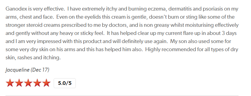 ganodex's tweet photo. Powerful review from Jacqueline who has several problem skin conditions AND her son also suffers from dry skin. 5 out of 5 stars as an independent reviewer. To try Ganodex yourself, visit https://t.co/sLohrYf6Ol https://t.co/HxxhzcyWOc