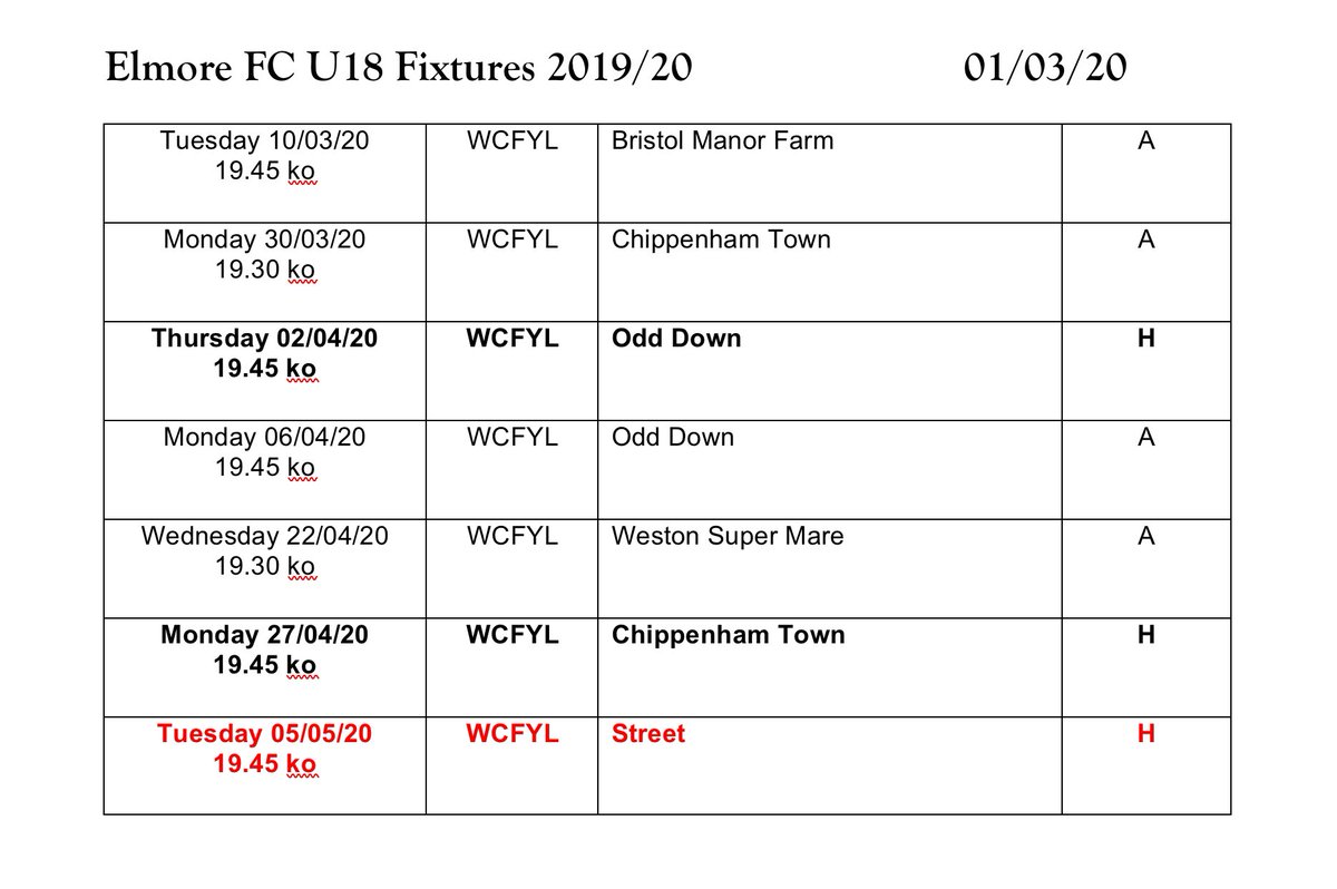 <a href="/elmoreyouth/">Elmore Youth</a> <a href="/ElmoreAFC/">Elmore AFC</a>  
Here is an updated fixture list for anyone interested in Elmore U18s. 
They currently play in the Western Counties Floodlight Youth League Premier Division! 
The lads would love your support where possible especially at their home games!!👍🏻⚽️🦅🦅
