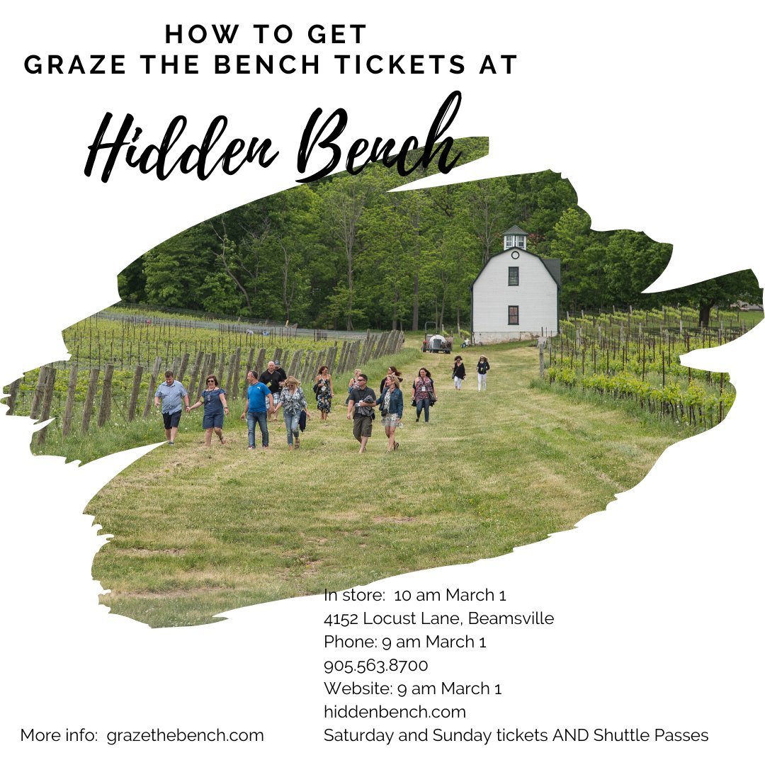 #GrazetheBench 2020 tickets go on sale at 9am! qoo.ly/34njxx 
As well, <a href="/HiddenBench/">Hidden Bench Winery</a> has Saturday and Sunday tickets and shuttle passes available in-store, by phone and on their website. hiddenbench.com