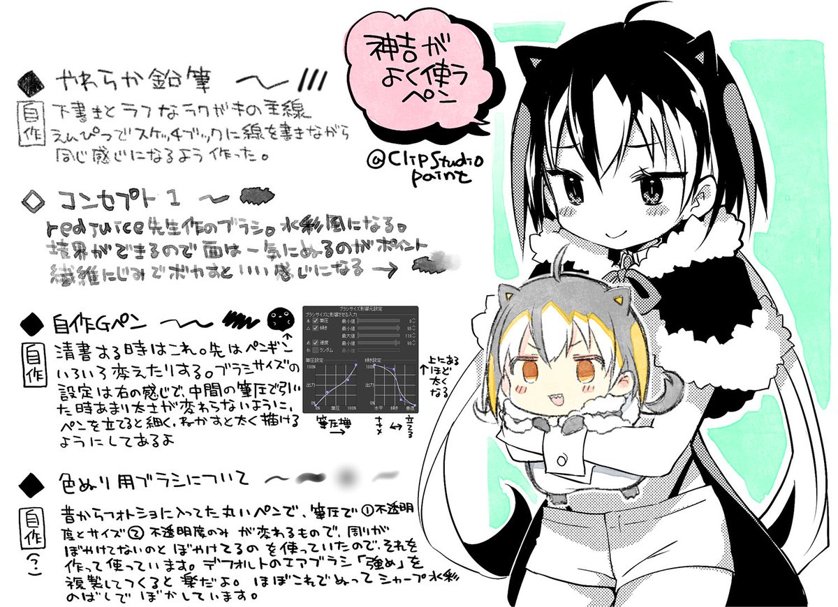 クリぺで使ってるペンまとめました
基本的なやつはほぼ自作しています

 #CLIPSTUDIOPAINT 