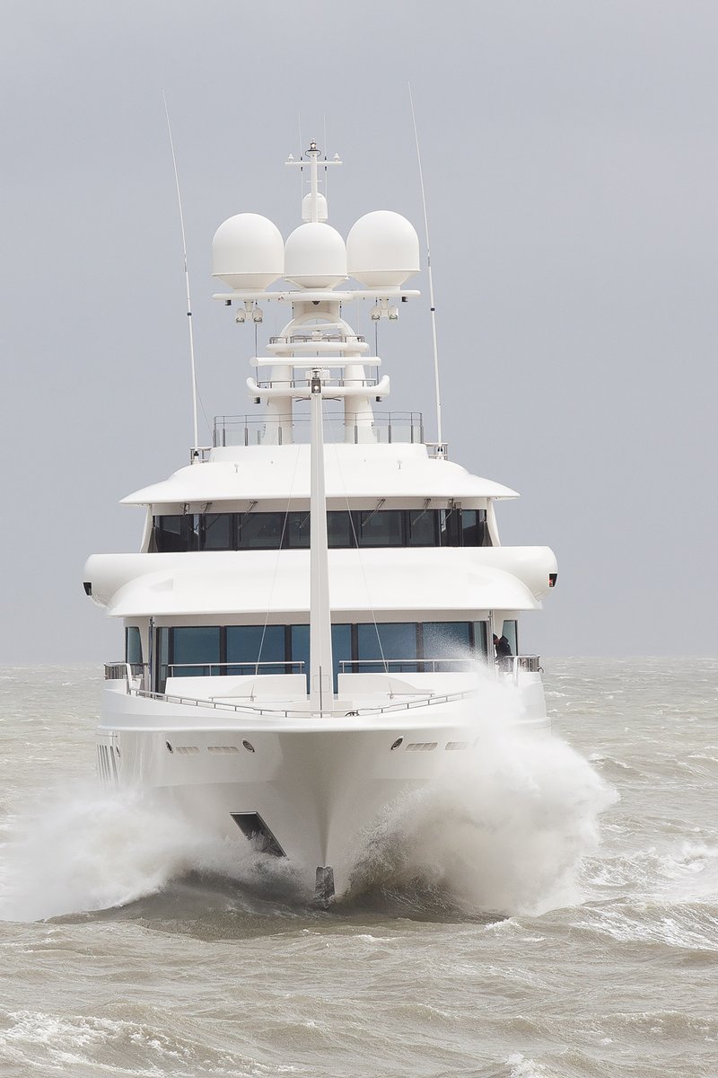 Dutchyachting's tweet photo. #NewSecret was delivered by Amels Holland after an #exterior #design by #TimHeywood and an #interior by #AndrewWinch in 2017. The 74m/ 242’8” #LimitedEditions242 #yacht returned in a #Beaufort 7 #windforce at #AmelsHolland in #Flushing yesterday. Photos by @maritimephoto https://t.co/M85jXzmATP